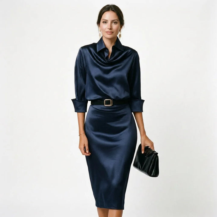 Women's Elegant Formal Midi Wedding Guest Dress with Draped Collar