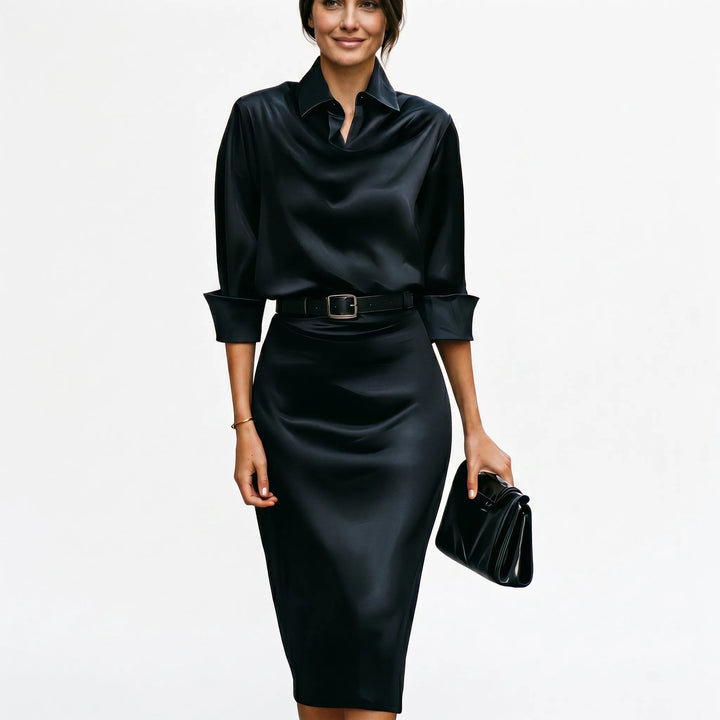 Women's Elegant Formal Midi Wedding Guest Dress with Draped Collar