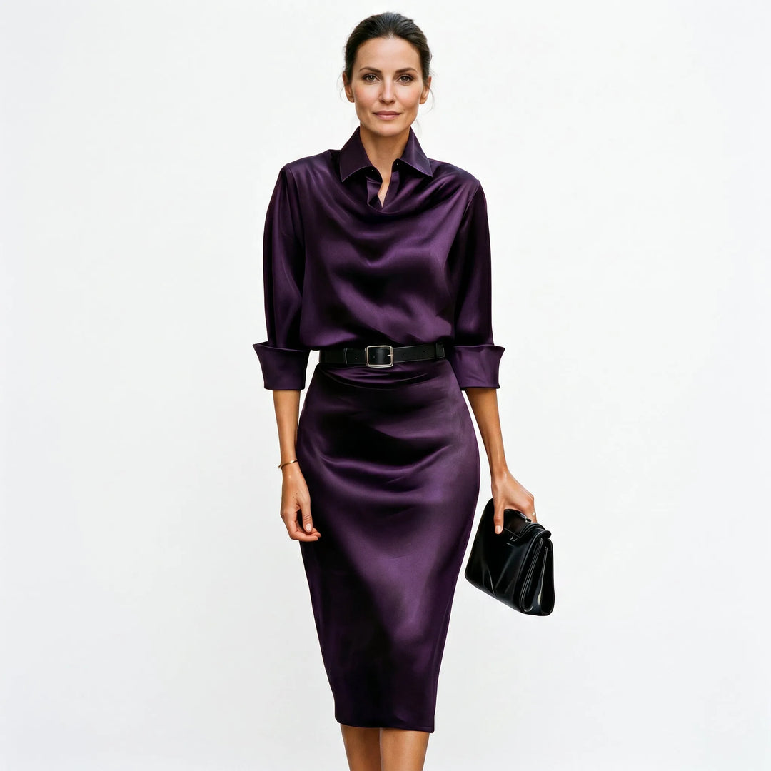 Women's Elegant Formal Midi Wedding Guest Dress with Draped Collar
