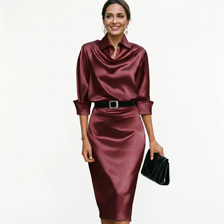 Women's Elegant Formal Midi Wedding Guest Dress with Draped Collar