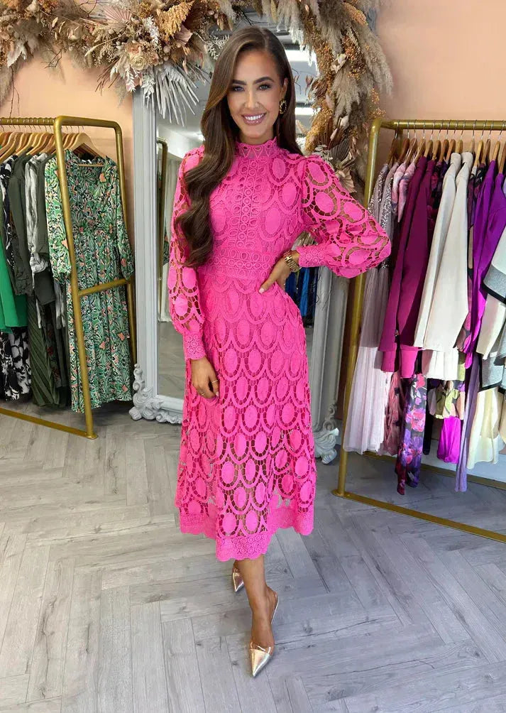 Women's Elegant Formal Midi Wedding Guest Dress with High Neck