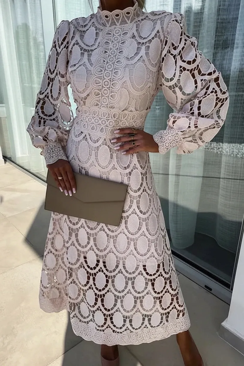 Women's Elegant Formal Midi Wedding Guest Dress with High Neck