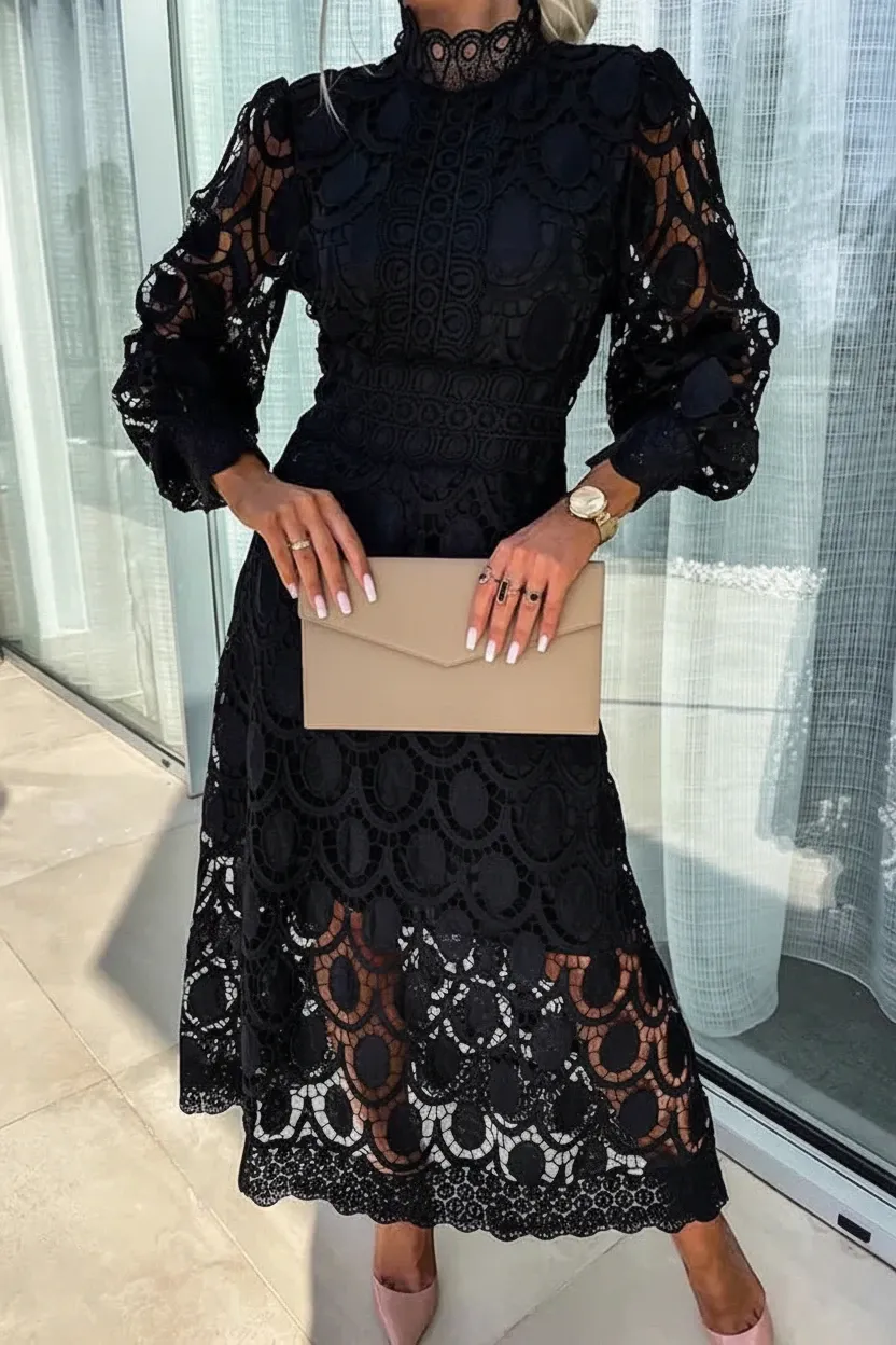 Women's Elegant Formal Midi Wedding Guest Dress with High Neck