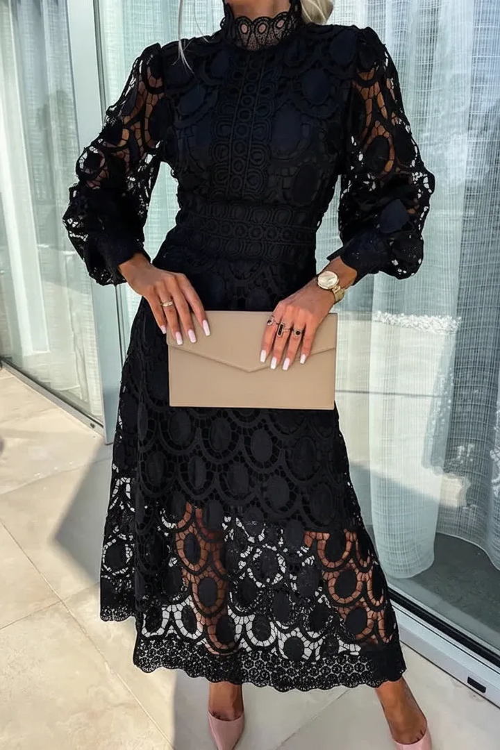Women's Elegant Formal Midi Wedding Guest Dress with High Neck