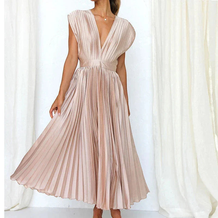 Women's Elegant Formal Midi Wedding Guest Dress with V-Neck