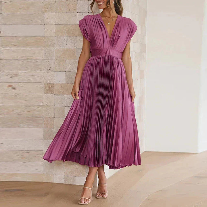 Women's Elegant Formal Midi Wedding Guest Dress with V-Neck