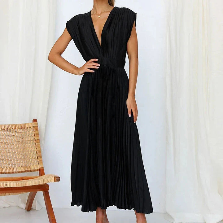 Women's Elegant Formal Midi Wedding Guest Dress with V-Neck