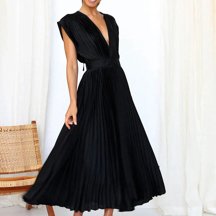 Women's Elegant Formal Midi Wedding Guest Dress with V-Neck