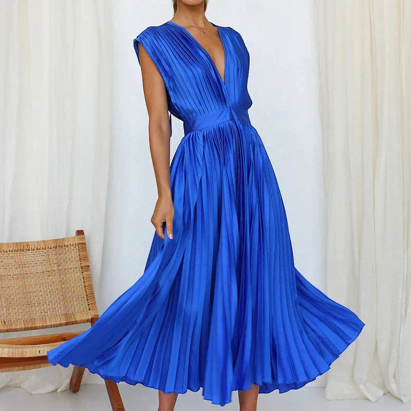 Women's Elegant Formal Midi Wedding Guest Dress with V-Neck