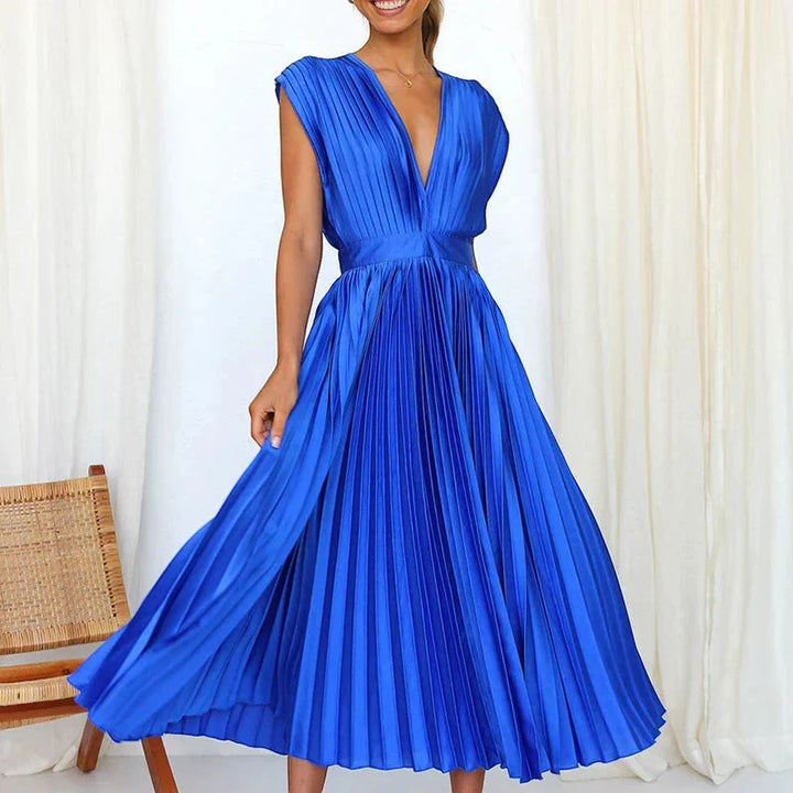 Women's Elegant Formal Midi Wedding Guest Dress with V-Neck
