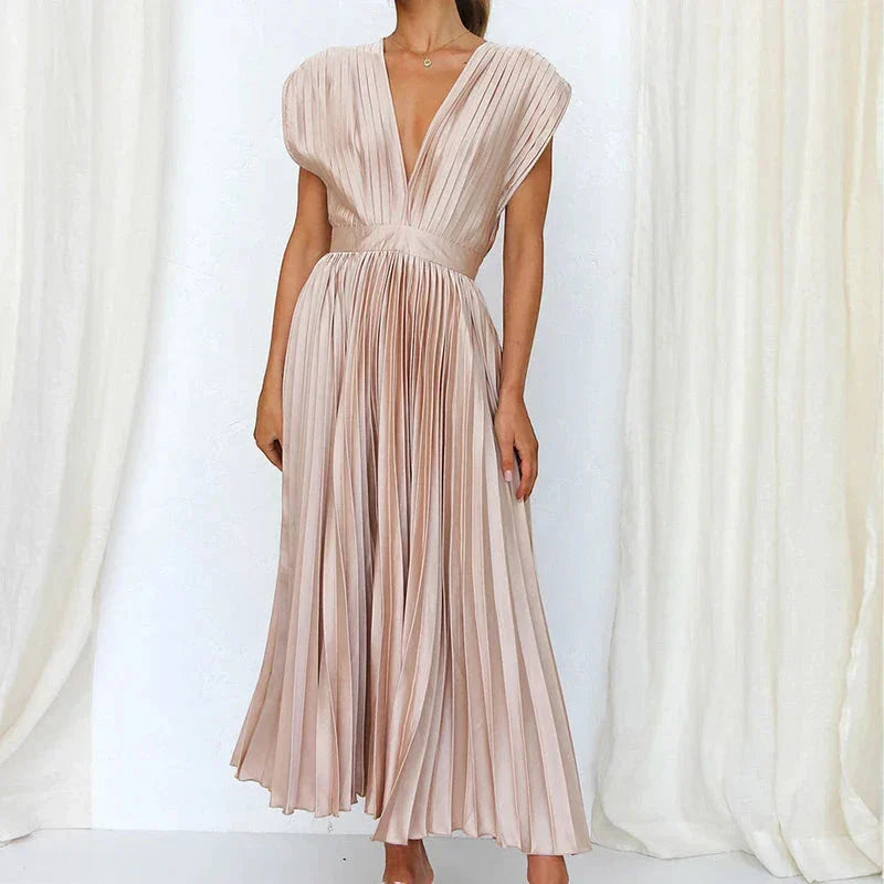 Women's Elegant Formal Midi Wedding Guest Dress with V-Neck