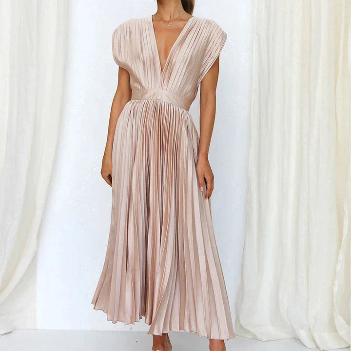 Women's Elegant Formal Midi Wedding Guest Dress with V-Neck