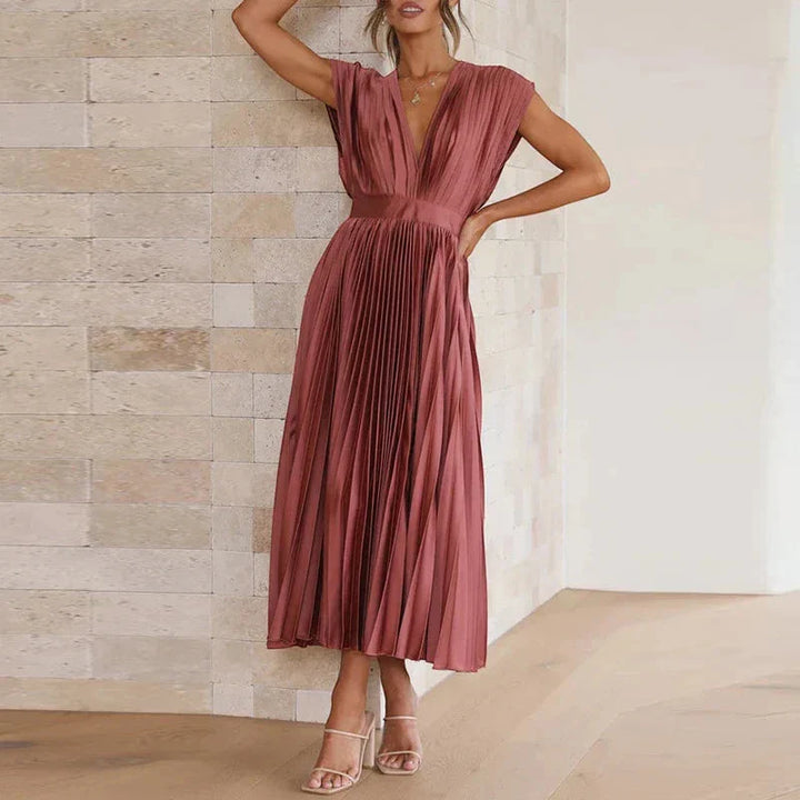Women's Elegant Formal Midi Wedding Guest Dress with V-Neck