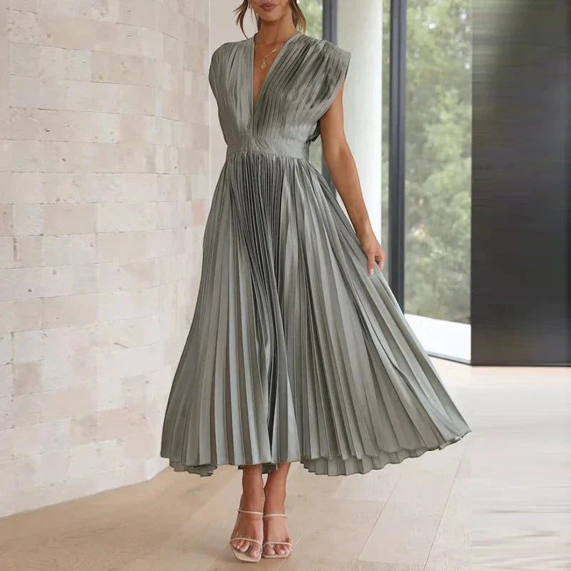 Women's Elegant Formal Midi Wedding Guest Dress with V-Neck