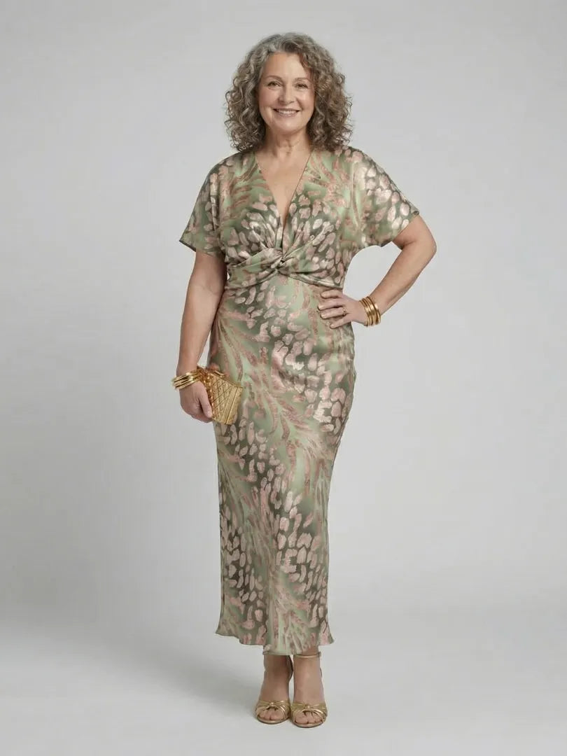 Women's Elegant Formal Midi Wedding Guest Dress with V-Neck and Twist Waist