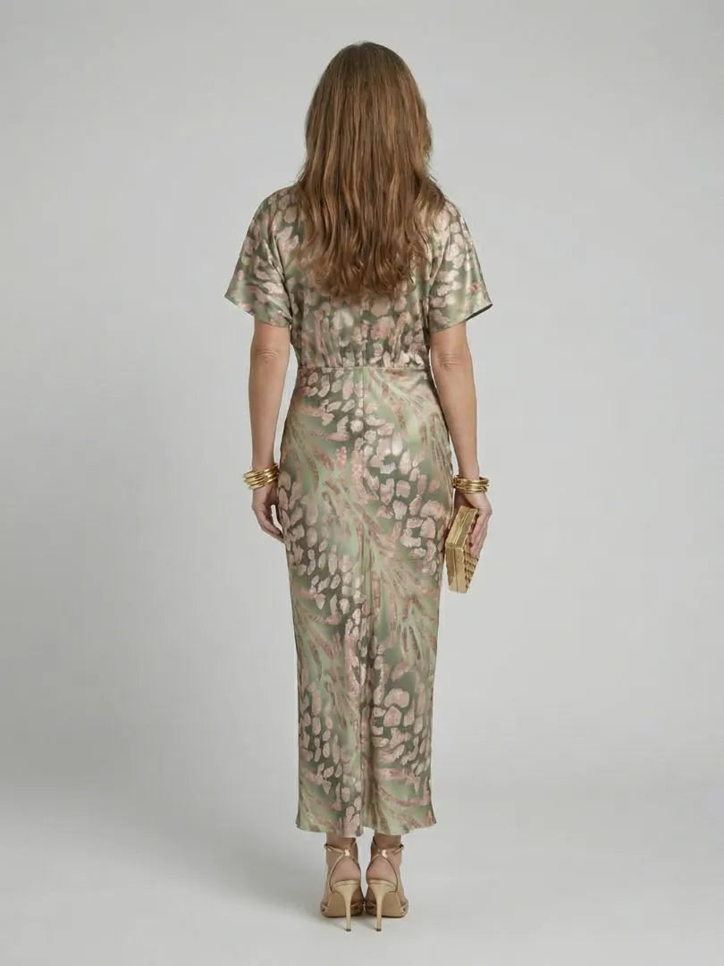 Women's Elegant Formal Midi Wedding Guest Dress with V-Neck and Twist Waist