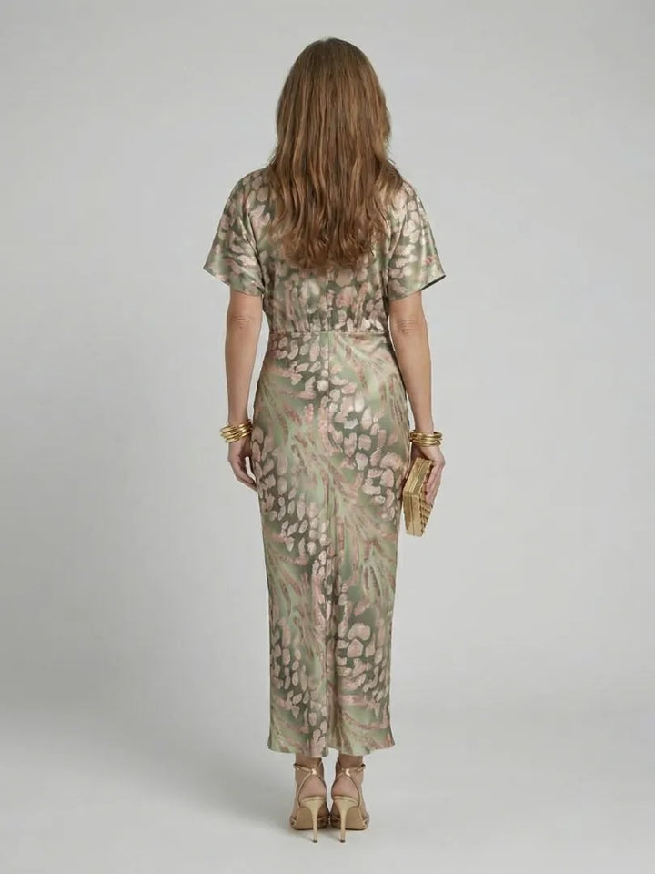 Women's Elegant Formal Midi Wedding Guest Dress with V-Neck and Twist Waist