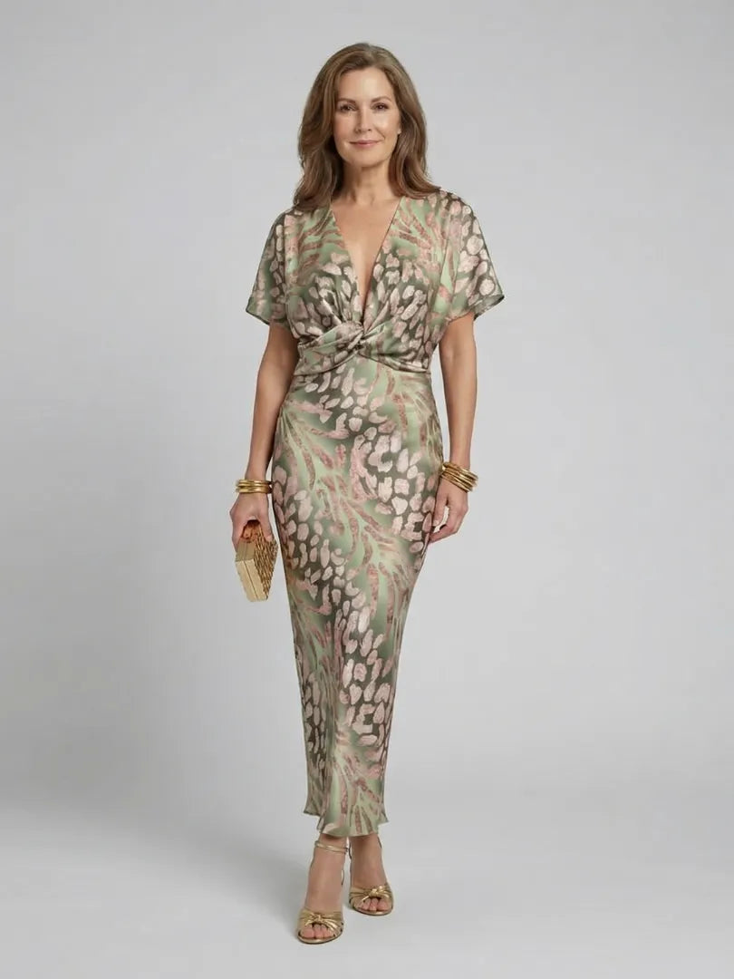 Women's Elegant Formal Midi Wedding Guest Dress with V-Neck and Twist Waist