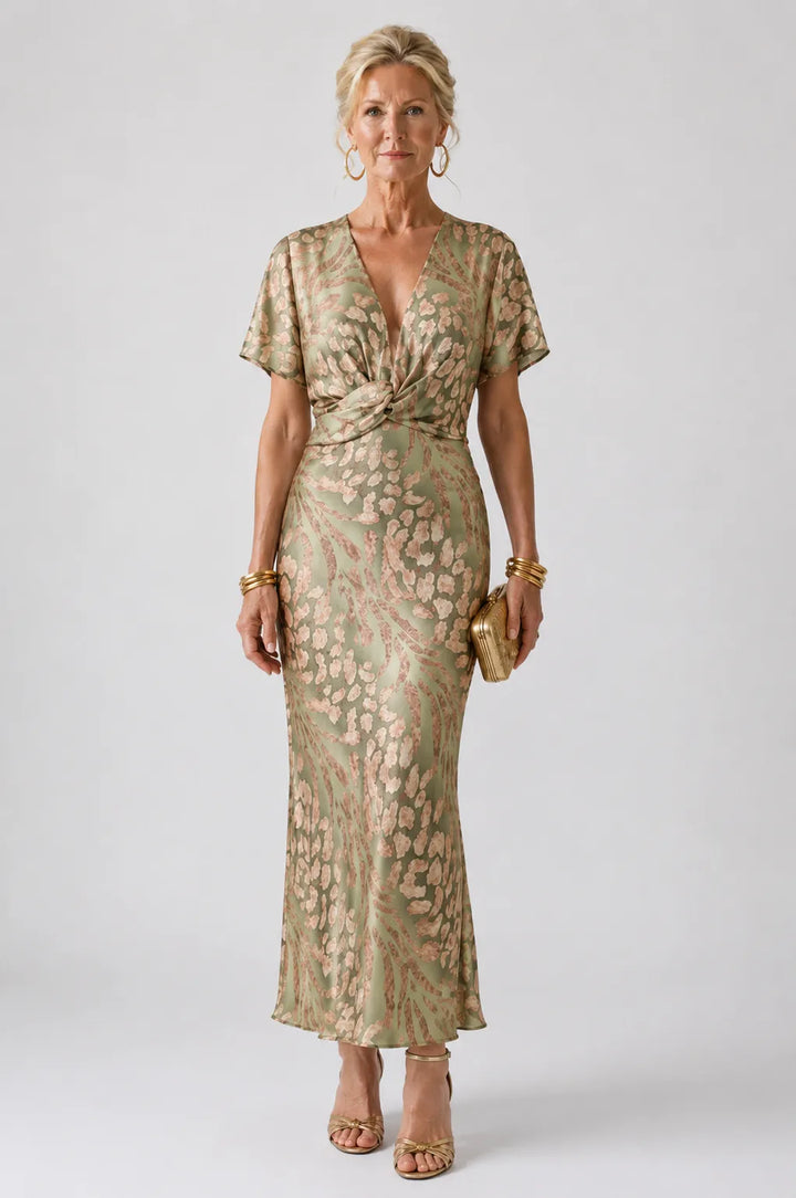 Women's Elegant Formal Midi Wedding Guest Dress with V-Neck and Twist Waist