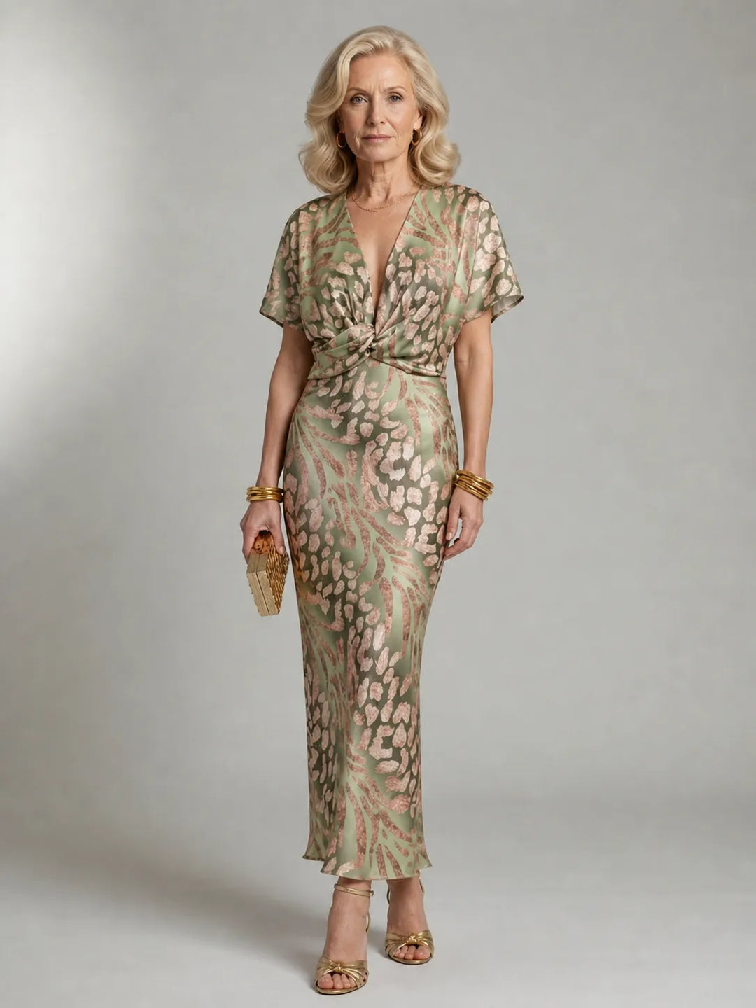 Women's Elegant Formal Midi Wedding Guest Dress with V-Neck and Twist Waist