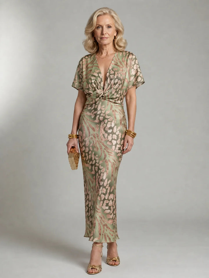 Women's Elegant Formal Midi Wedding Guest Dress with V-Neck and Twist Waist