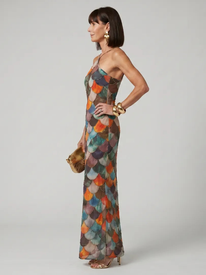 Women's Elegant Halter Maxi Wedding Guest Dress with Open Back
