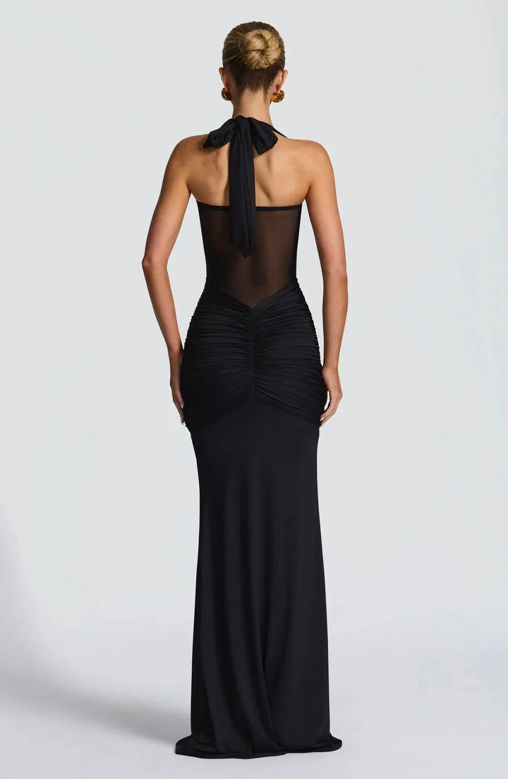 Women's Elegant Halter Neck Maxi Wedding Guest Dress with Ruched Detail
