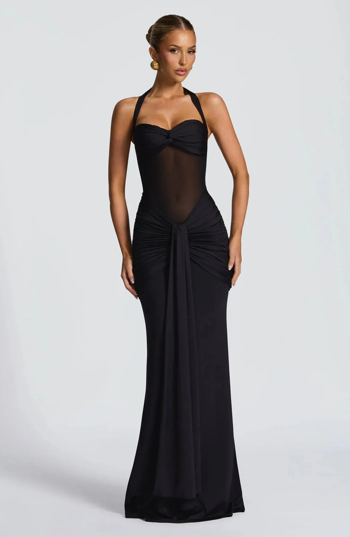 Women's Elegant Halter Neck Maxi Wedding Guest Dress with Ruched Detail