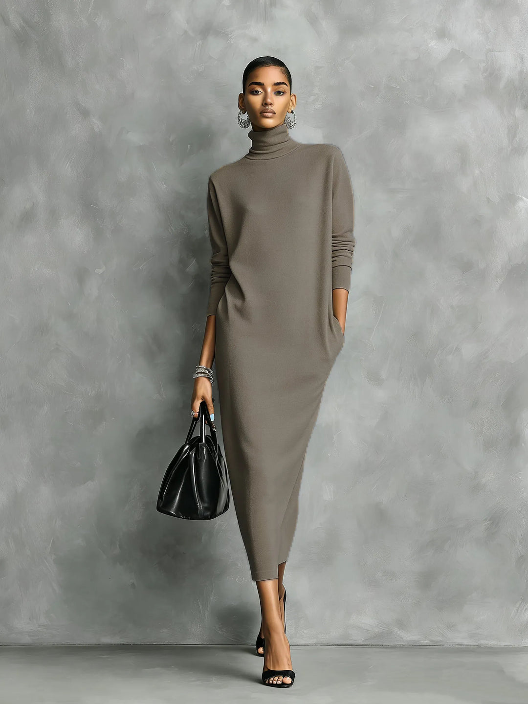 Women's Elegant High Neck Midi Wedding Guest Dress with Long Sleeve
