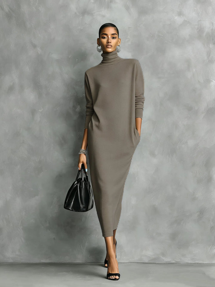 Women's Elegant High Neck Midi Wedding Guest Dress with Long Sleeve