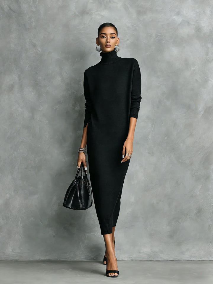 Women's Elegant High Neck Midi Wedding Guest Dress with Long Sleeve