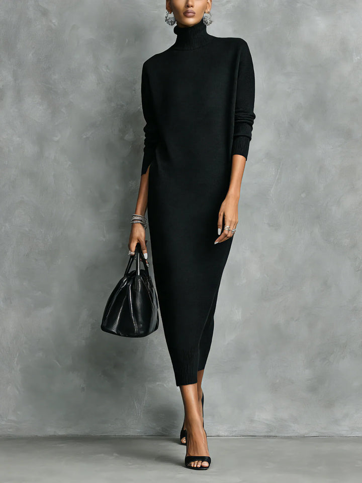 Women's Elegant High Neck Midi Wedding Guest Dress with Long Sleeve