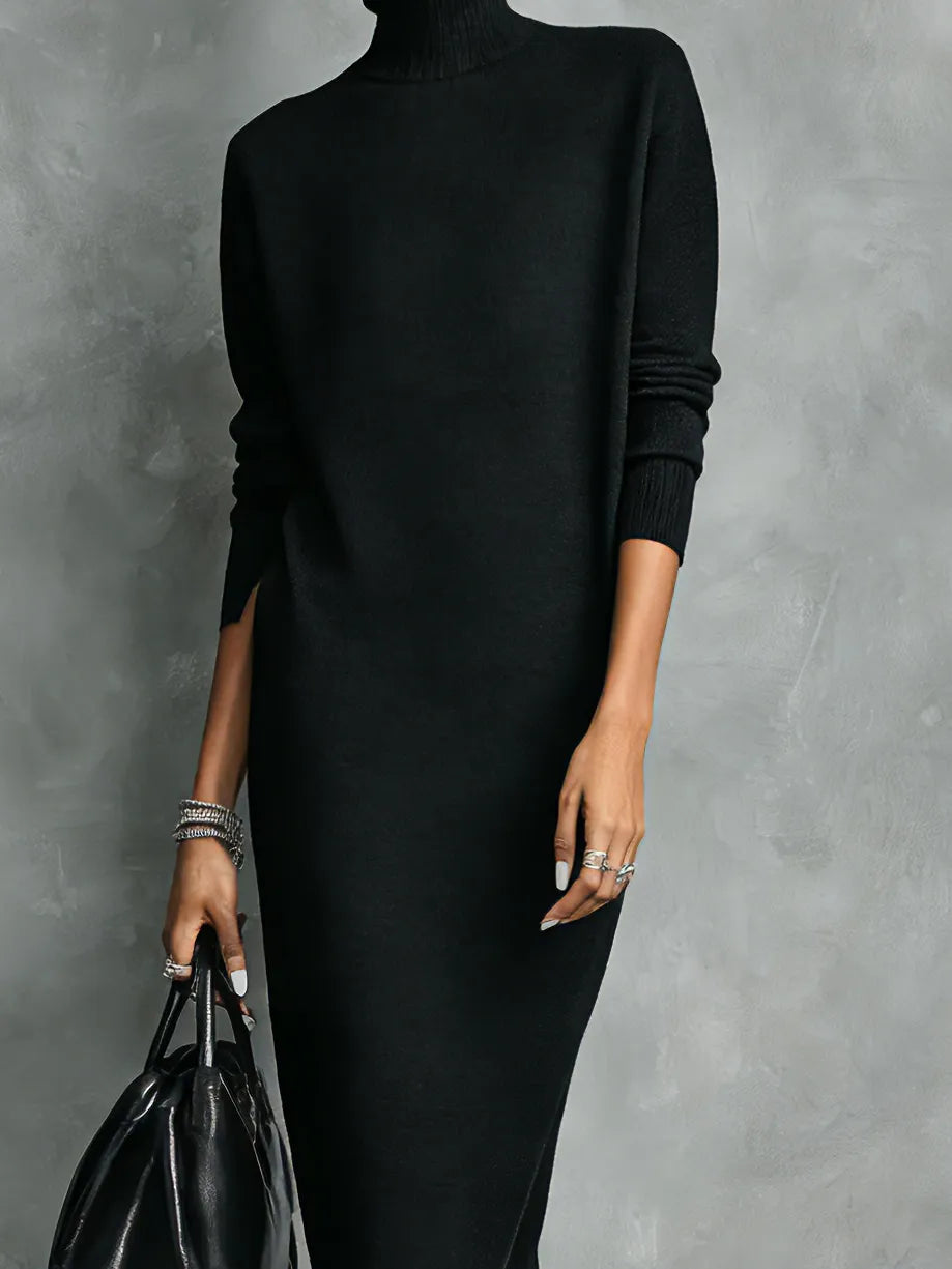 Women's Elegant High Neck Midi Wedding Guest Dress with Long Sleeve