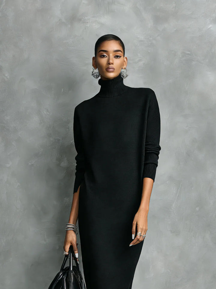 Women's Elegant High Neck Midi Wedding Guest Dress with Long Sleeve
