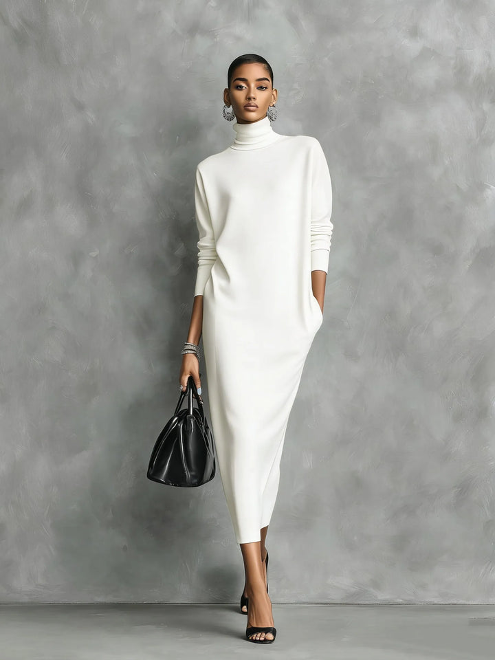 Women's Elegant High Neck Midi Wedding Guest Dress with Long Sleeve