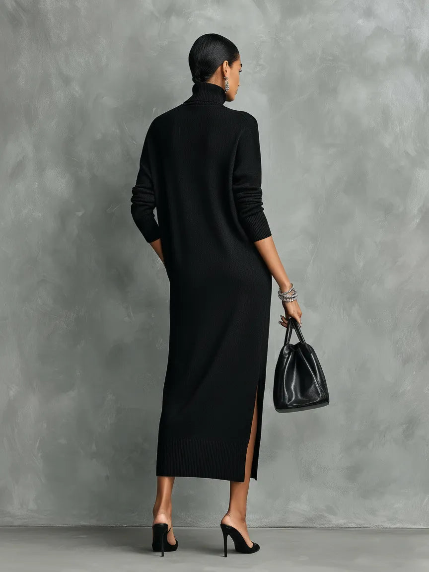 Women's Elegant High Neck Midi Wedding Guest Dress with Long Sleeve