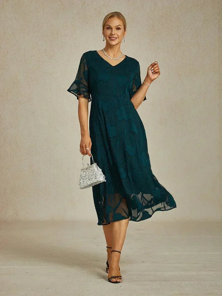 Women's Elegant Lace Maxi Wedding Guest Dress with Flutter Sleeve