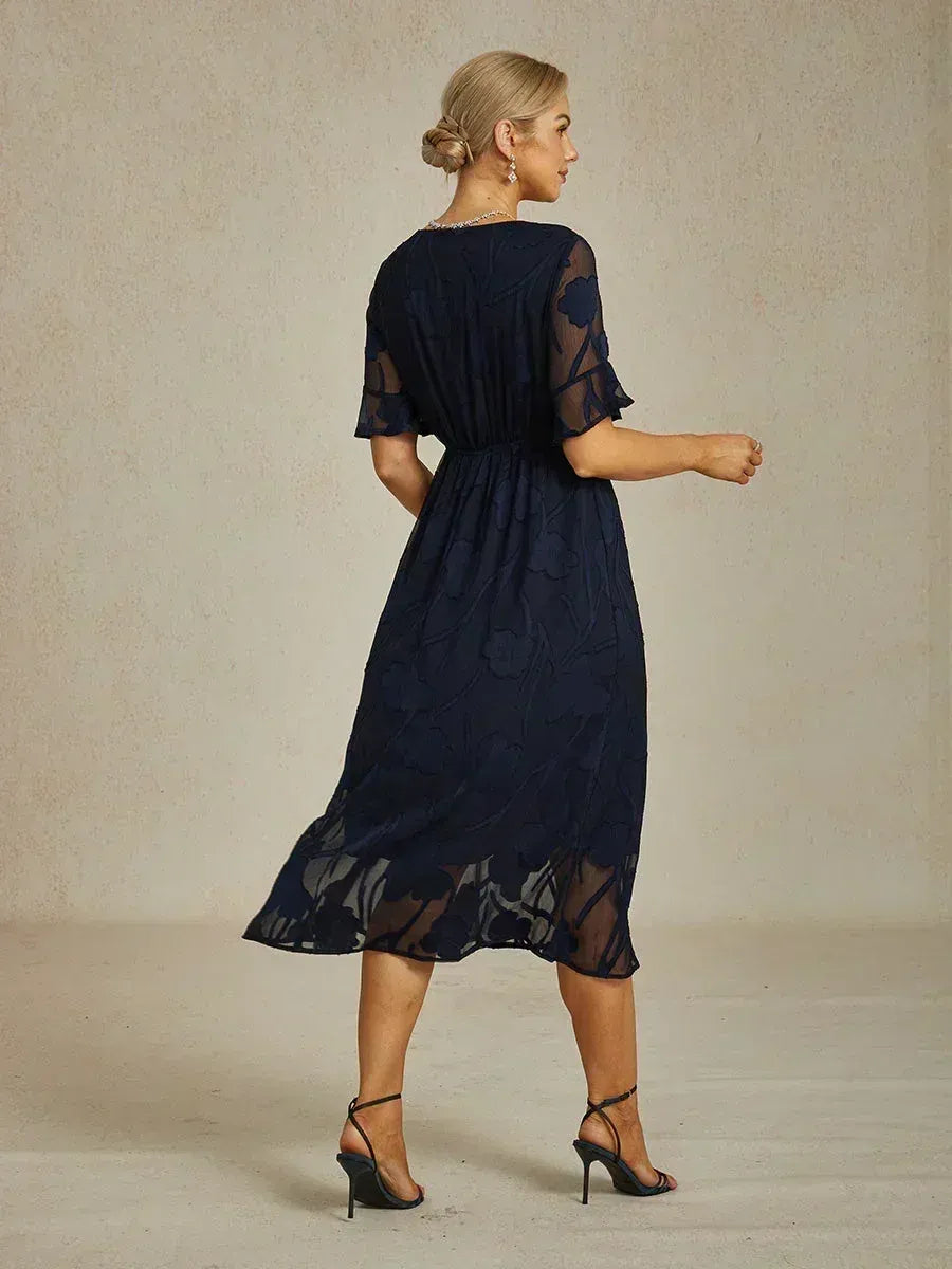 Women's Elegant Lace Maxi Wedding Guest Dress with Flutter Sleeve