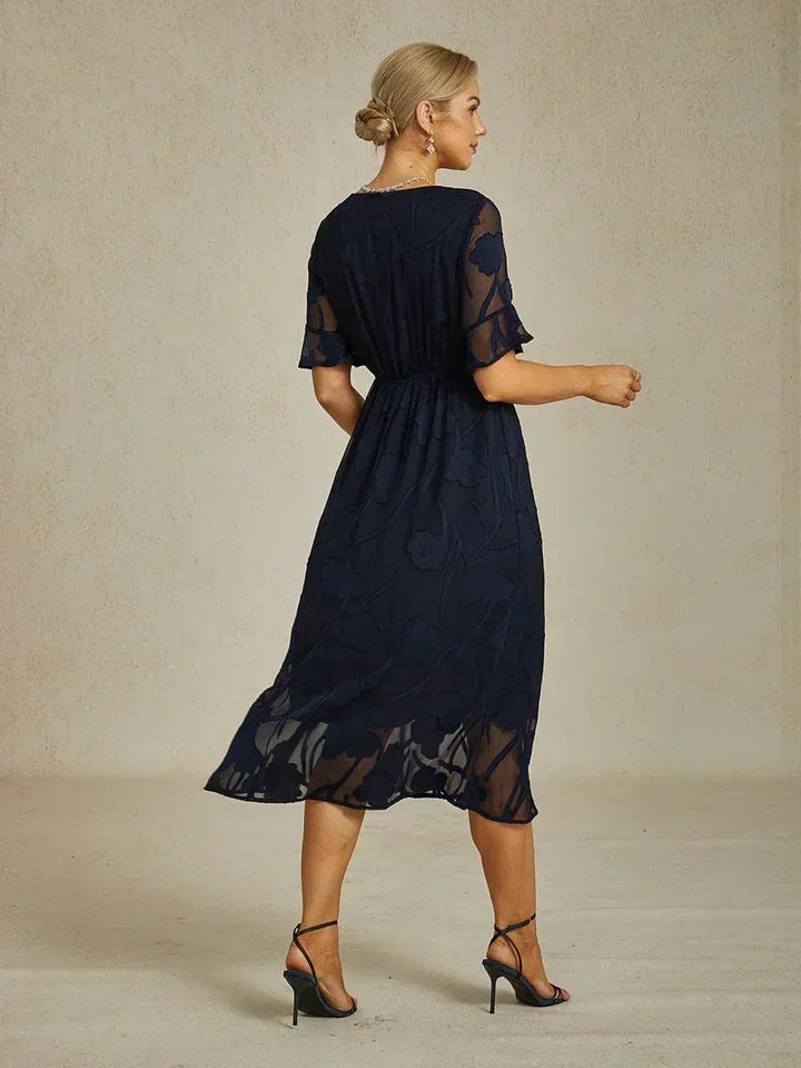 Women's Elegant Lace Maxi Wedding Guest Dress with Flutter Sleeve