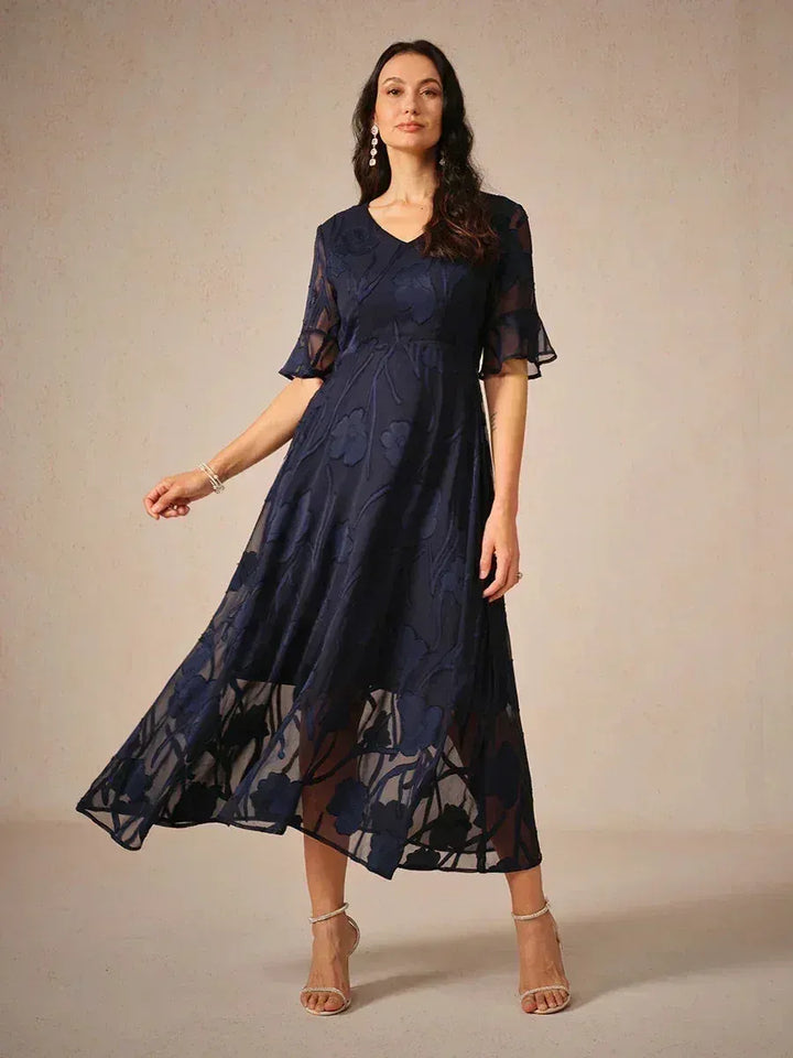 Women's Elegant Lace Maxi Wedding Guest Dress with Flutter Sleeve