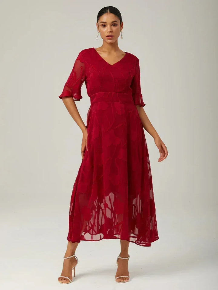 Women's Elegant Lace Maxi Wedding Guest Dress with Flutter Sleeve