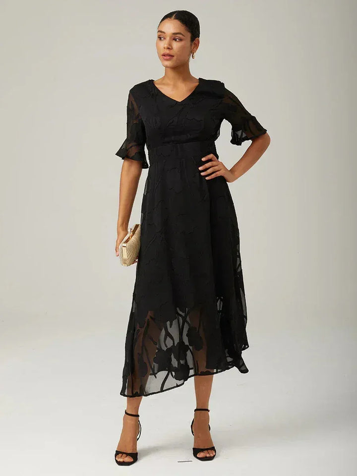 Women's Elegant Lace Maxi Wedding Guest Dress with Flutter Sleeve