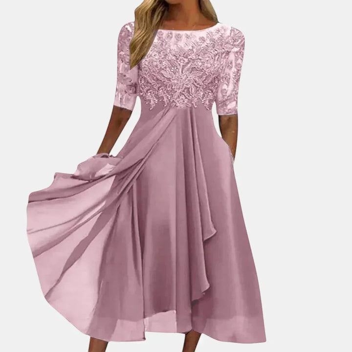 Women's Elegant Lace Midi Wedding Guest Dress with Long Sleeves