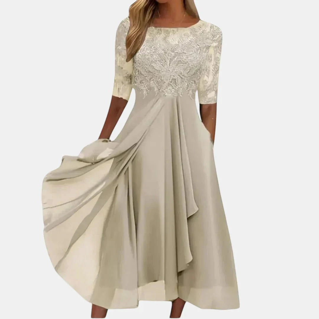 Women's Elegant Lace Midi Wedding Guest Dress with Long Sleeves