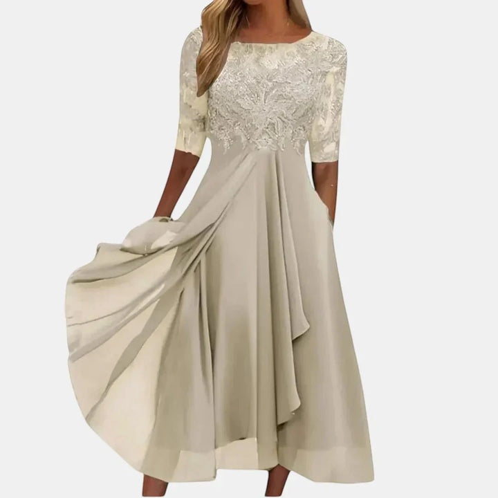 Women's Elegant Lace Midi Wedding Guest Dress with Long Sleeves