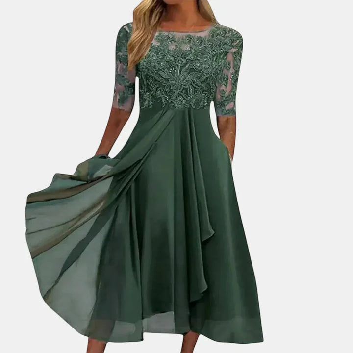 Women's Elegant Lace Midi Wedding Guest Dress with Long Sleeves