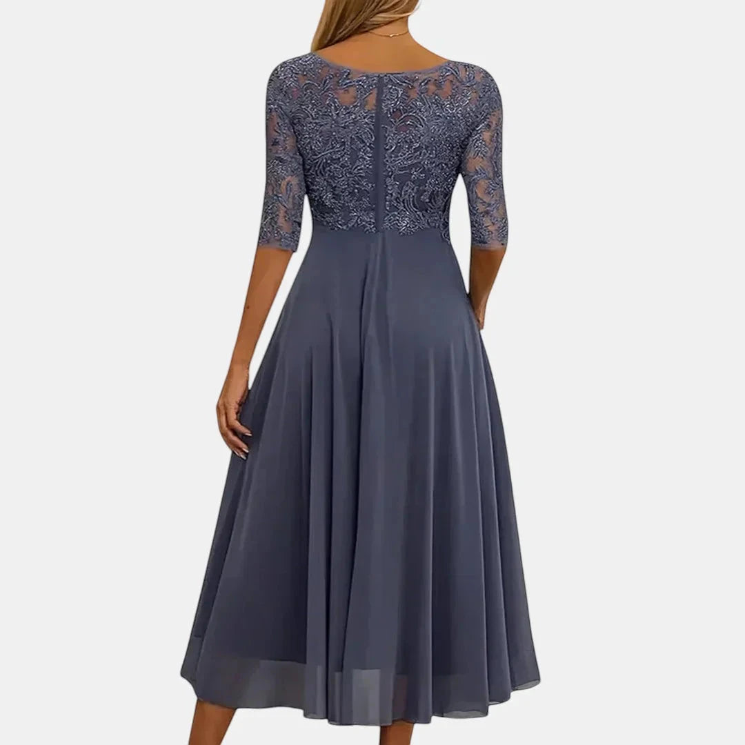 Women's Elegant Lace Midi Wedding Guest Dress with Long Sleeves