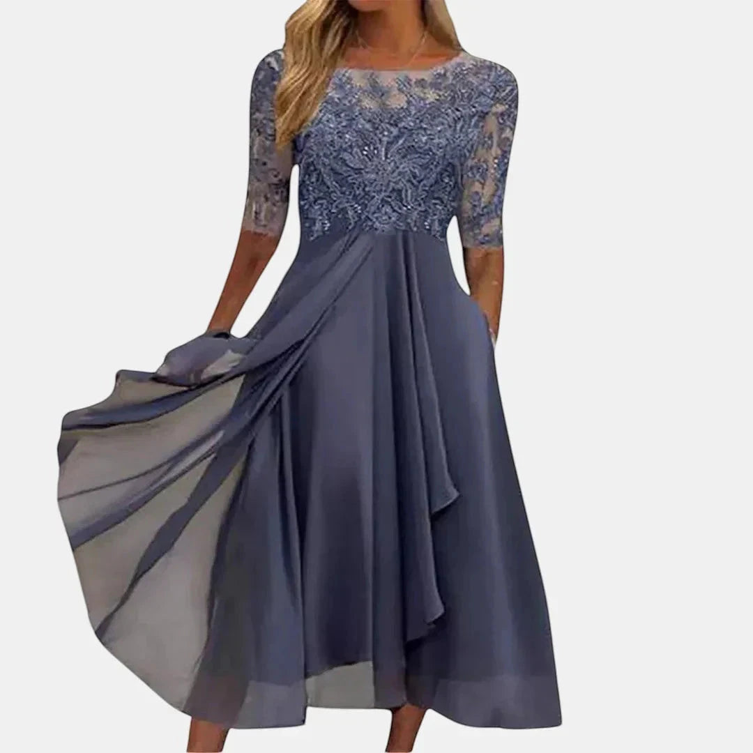 Women's Elegant Lace Midi Wedding Guest Dress with Long Sleeves
