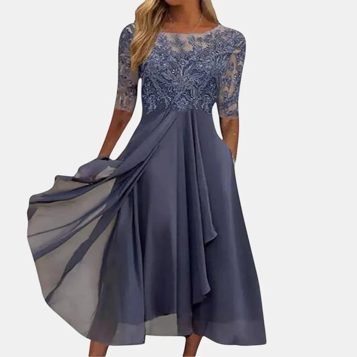 Women's Elegant Lace Midi Wedding Guest Dress with Long Sleeves