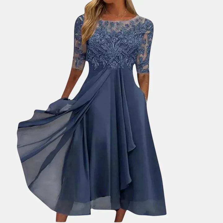 Women's Elegant Lace Midi Wedding Guest Dress with Long Sleeves